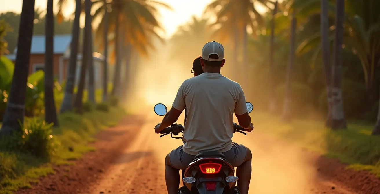 Vista desde atrás de un motoconcho circulando por camino de tierra entre palmeras