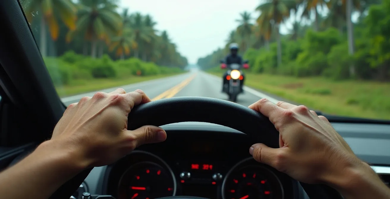 Vista desde parabrisas mostrando motocicleta cruzando autopista con vegetación tropical, conductor atento al volante
