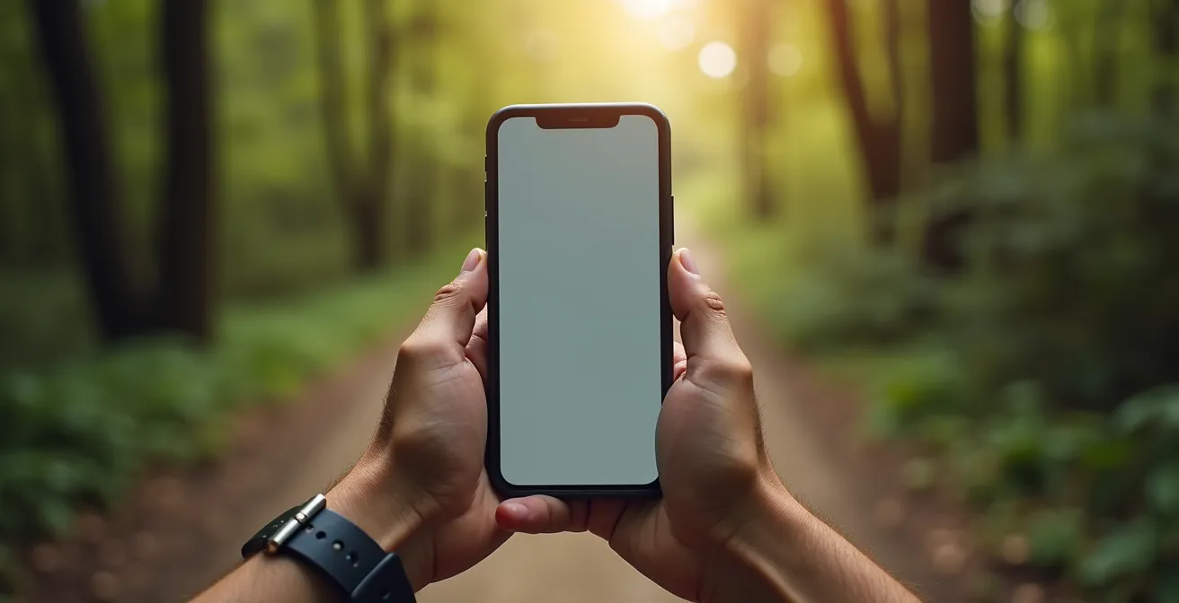 Manos sosteniendo dispositivo móvil en entorno natural