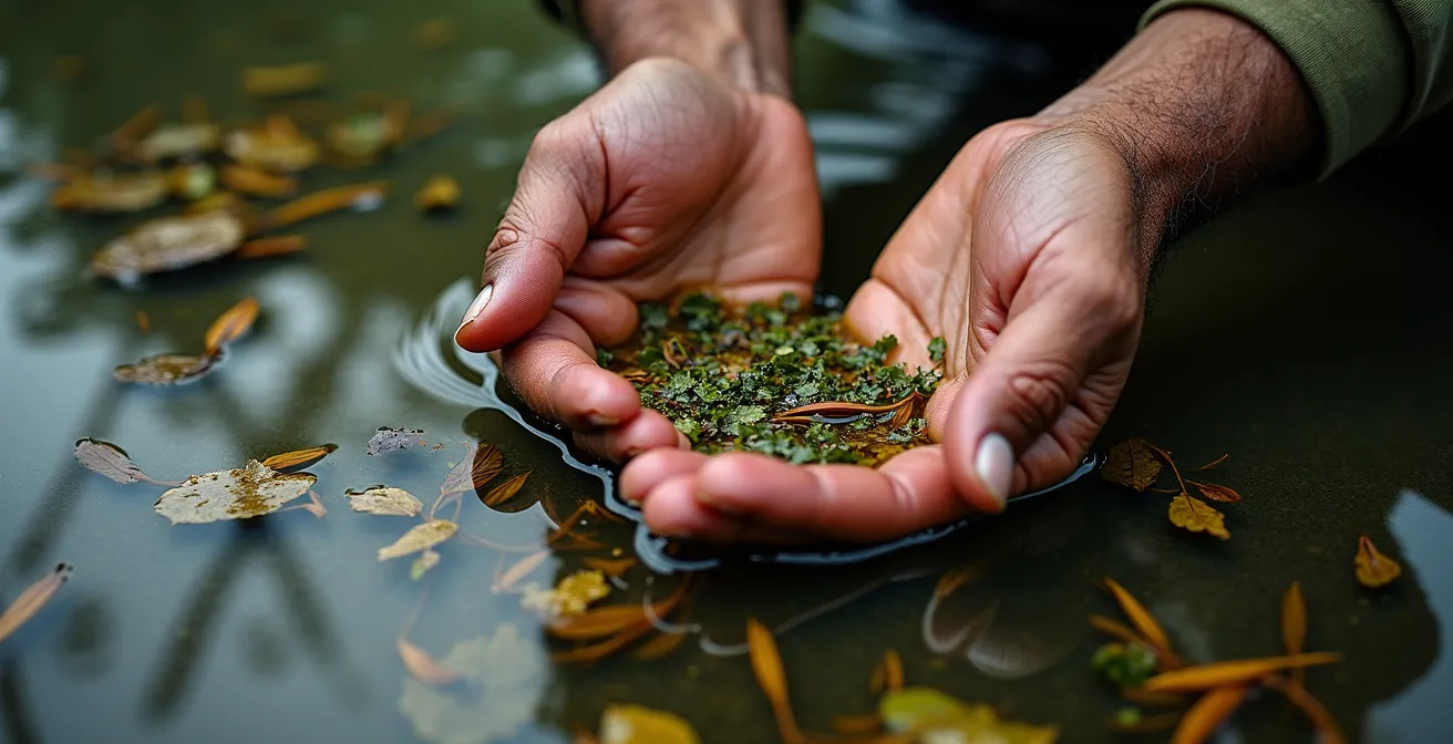 Manos de un guía naturalista señalando senderos de vegetación flotante dejados por manatíes en el agua turbia del manglar