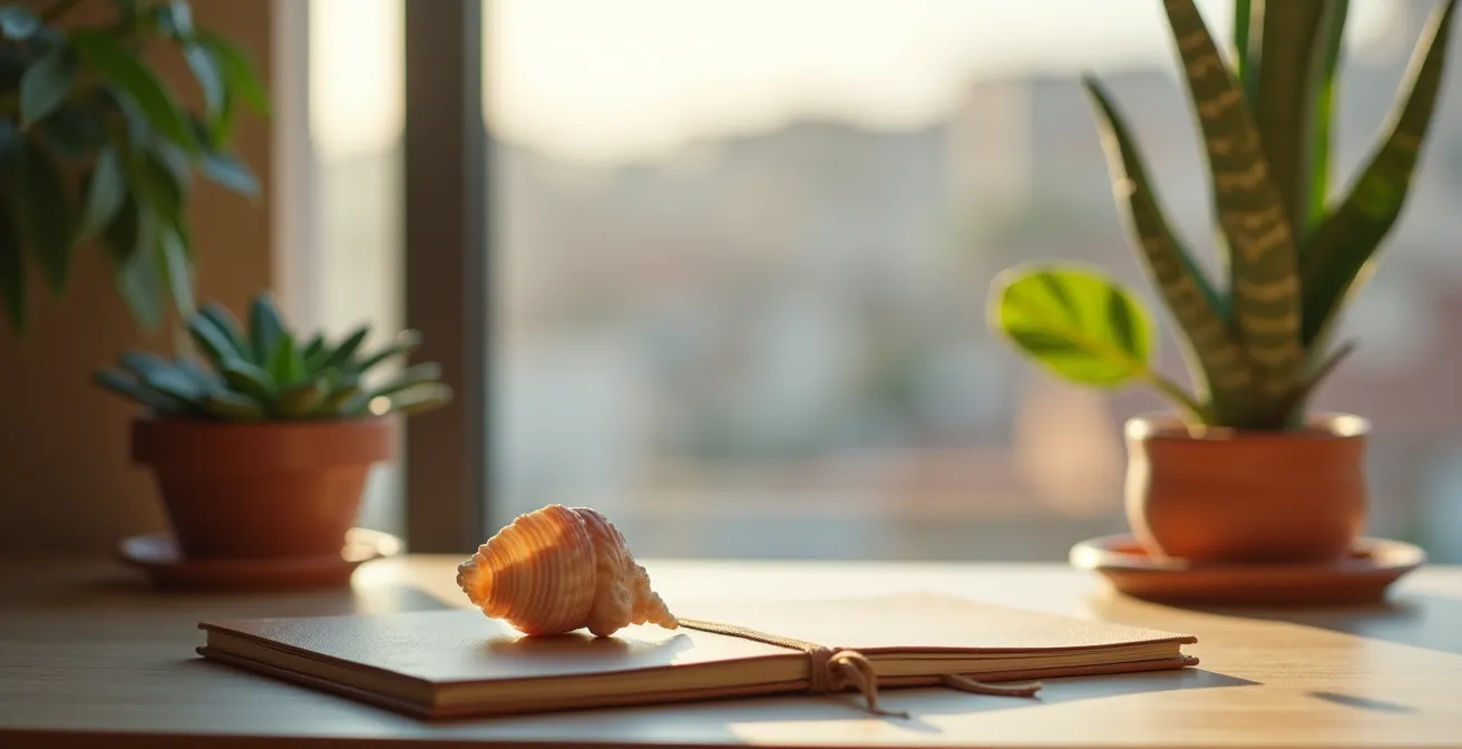 Escritorio minimalista con concha marina y planta tropical, ventana con luz natural