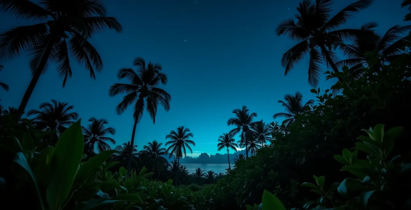 Ambiente nocturno tropical con vegetación exuberante iluminada por luciérnagas
