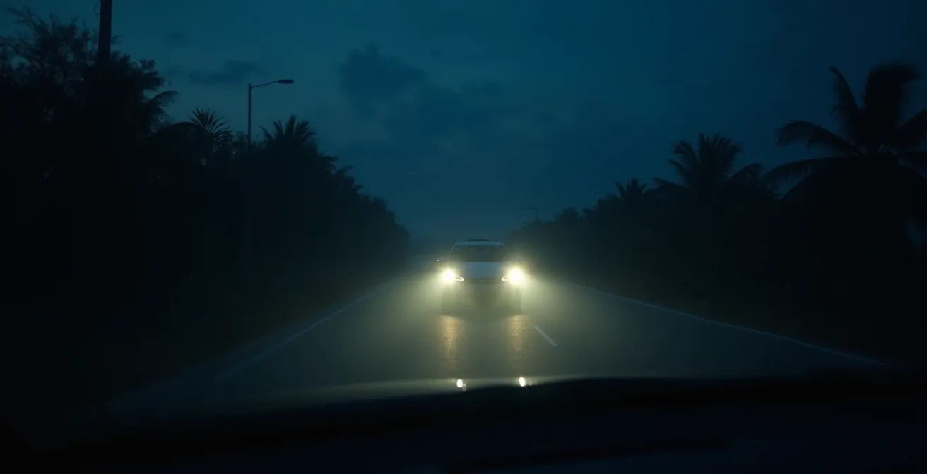 Vista nocturna de carretera rural dominicana con vehículo sin luces y animales en el arcén