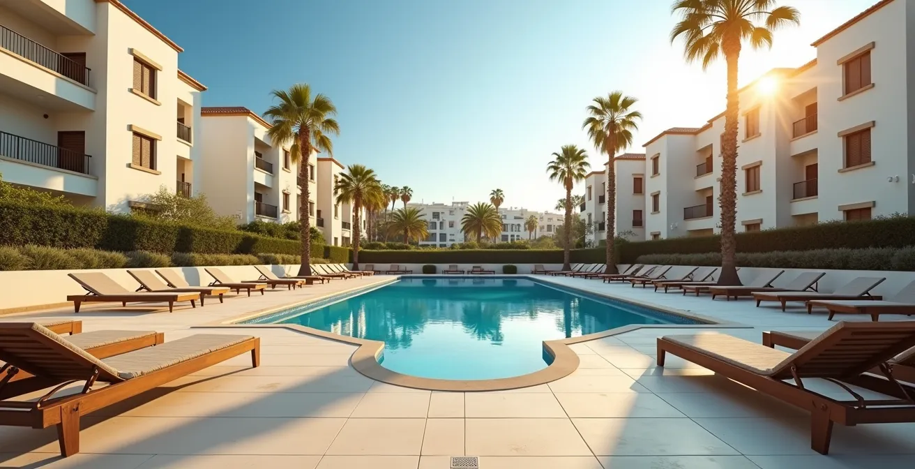Piscina comunitaria en un residencial español durante las horas tranquilas de la tarde