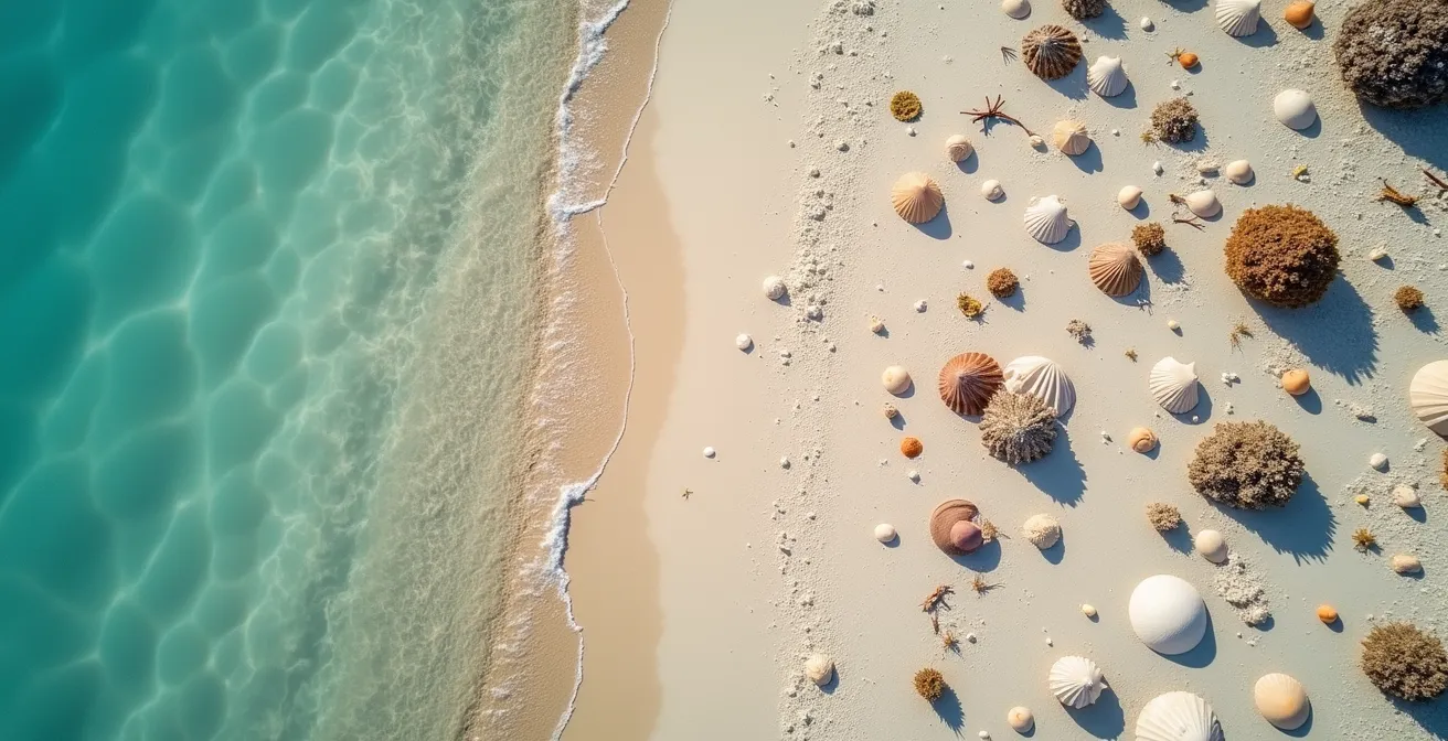 Vista aérea de playa virgen dominicana mostrando conchas y coral como parte integral del ecosistema marino