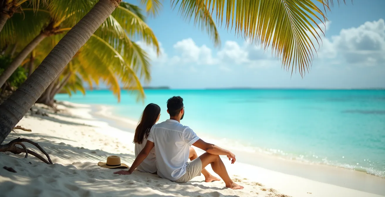 Playa virgen de Canto de la Playa con palmeras inclinadas y aguas turquesas sin turistas