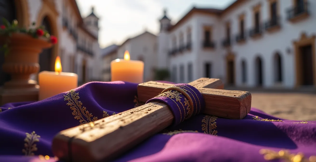 Procesión de Semana Santa en pueblo español con villa al fondo en ambiente solemne