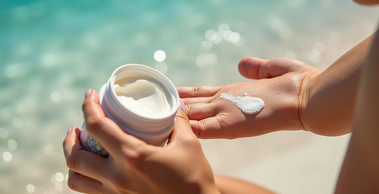 Manos aplicando protector solar mineral reef-safe con envase ecológico en playa caribeña