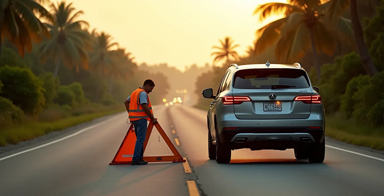 Conductor con chaleco reflectante colocando triángulos de emergencia en autopista tropical con vehículo detenido al margen