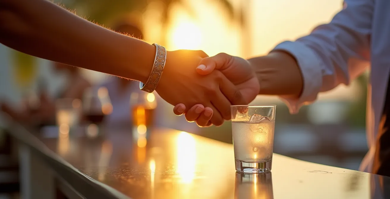 Primer plano de mano con pulsera de hotel interactuando respetuosamente con camarero