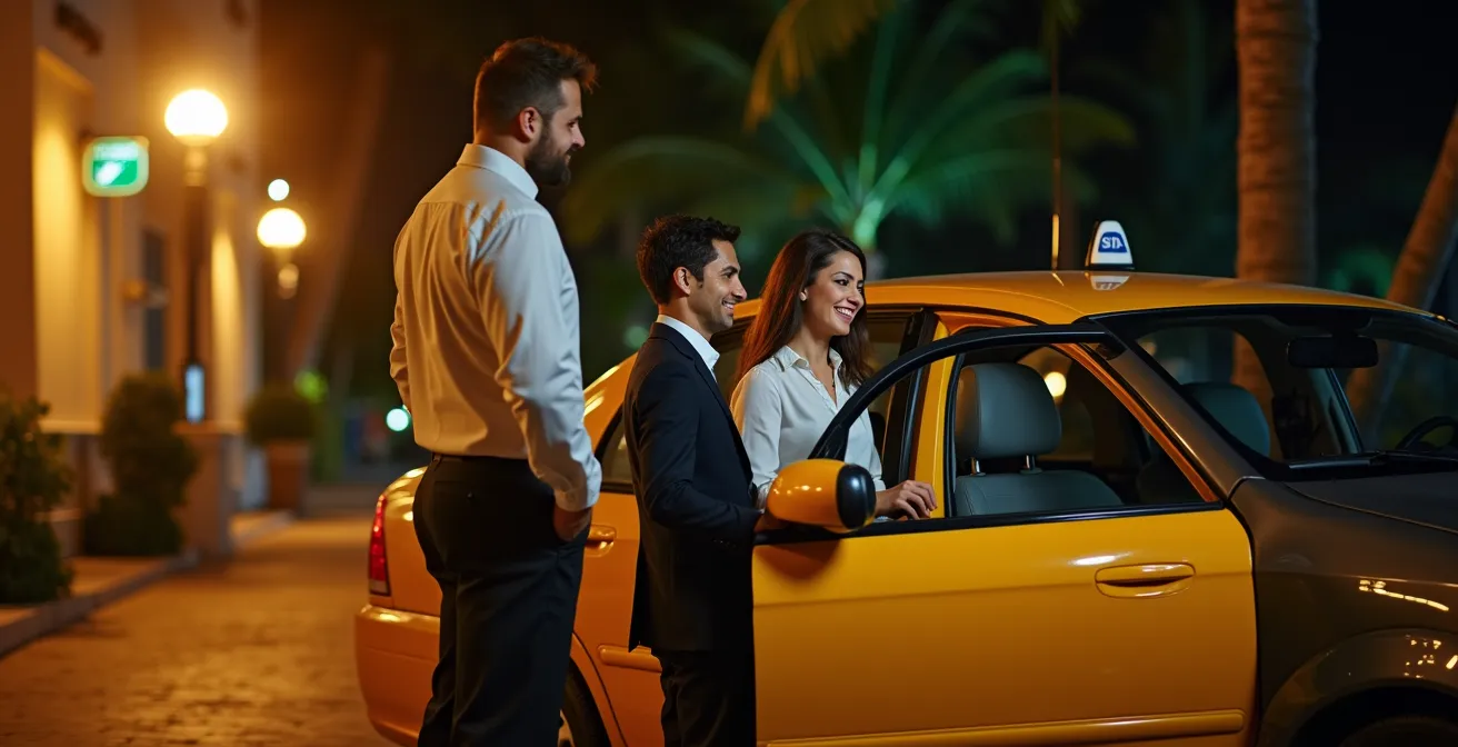 Taxi oficial iluminado frente a resort de noche en zona turística de Bávaro