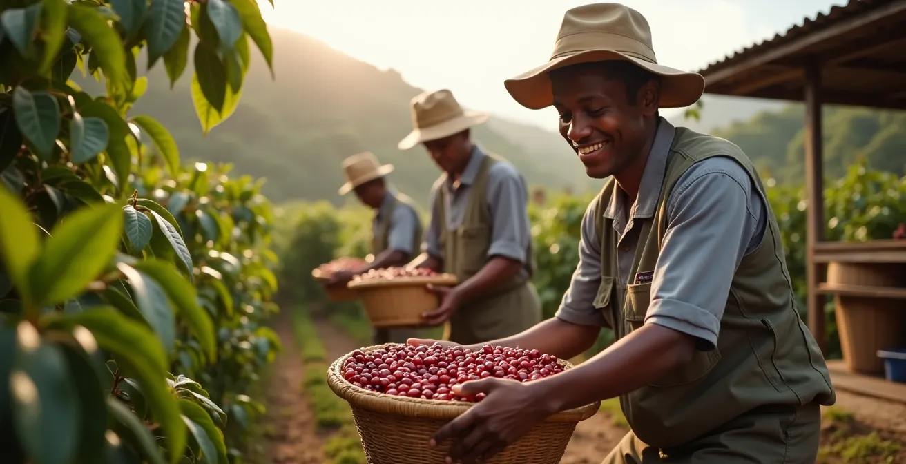 Trabajadores locales recolectando café en condiciones dignas con instalaciones adecuadas visibles