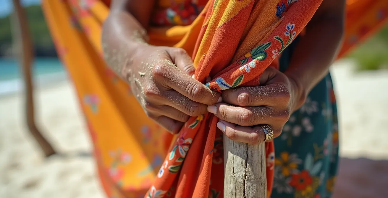 Refugio improvisado con telas y madera en arena blanca bajo sol intenso del mediodía caribeño