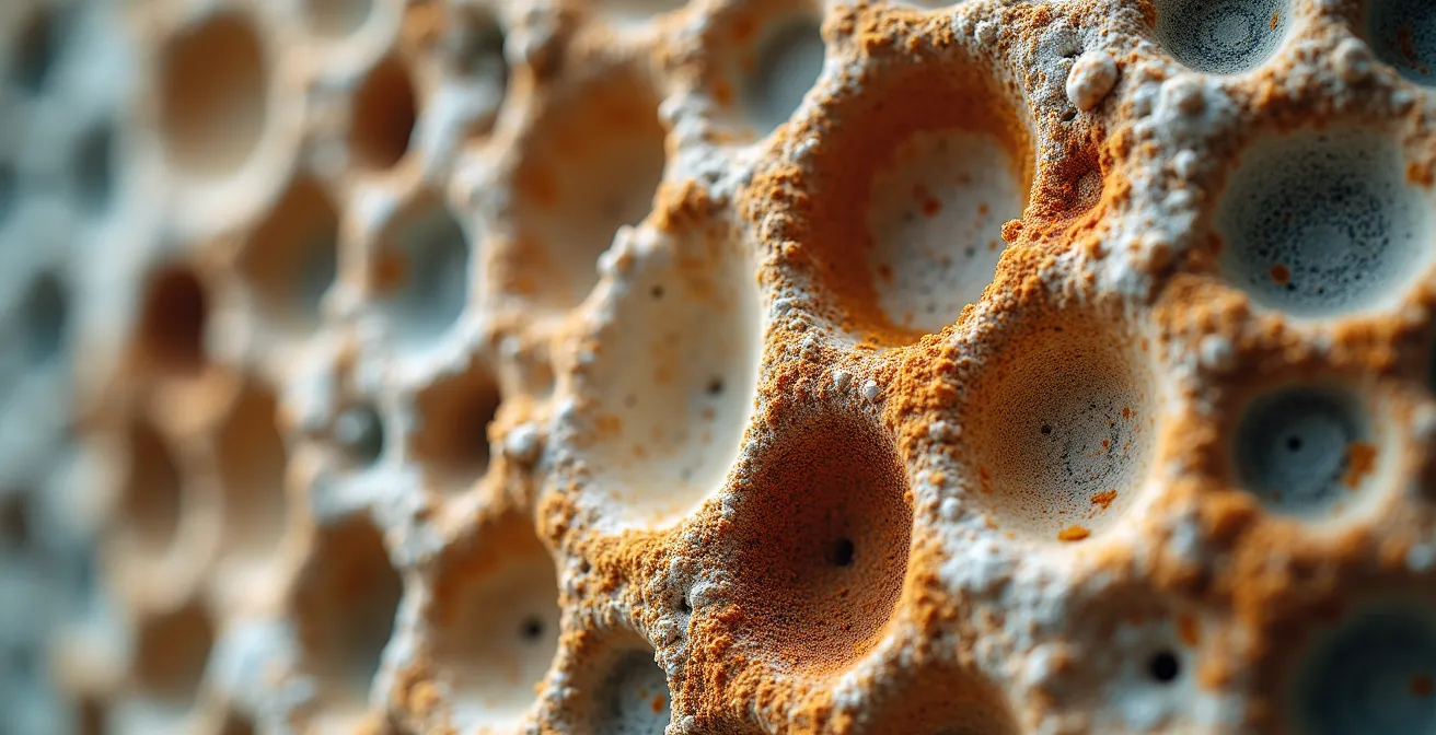 Detalle macro de piedra coralina erosionada de un antiguo ingenio azucarero con texturas y patrones naturales