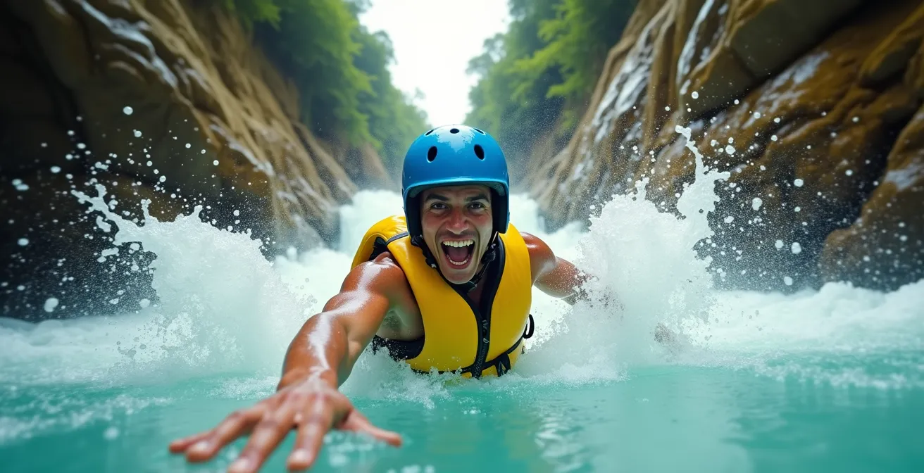 Grupo de aventureros descendiendo por tobogán natural de roca en los Charcos de Damajagua
