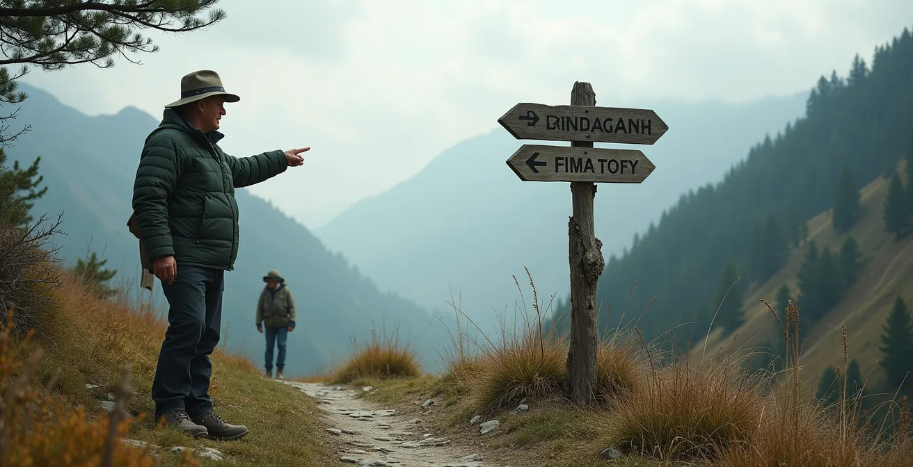 Sendero de montaña con señales naturales y un campesino local indicando la dirección