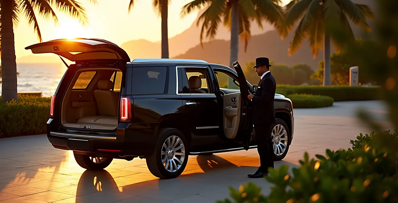 SUV de lujo negro con chofer profesional en entrada de resort exclusivo de Cap Cana
