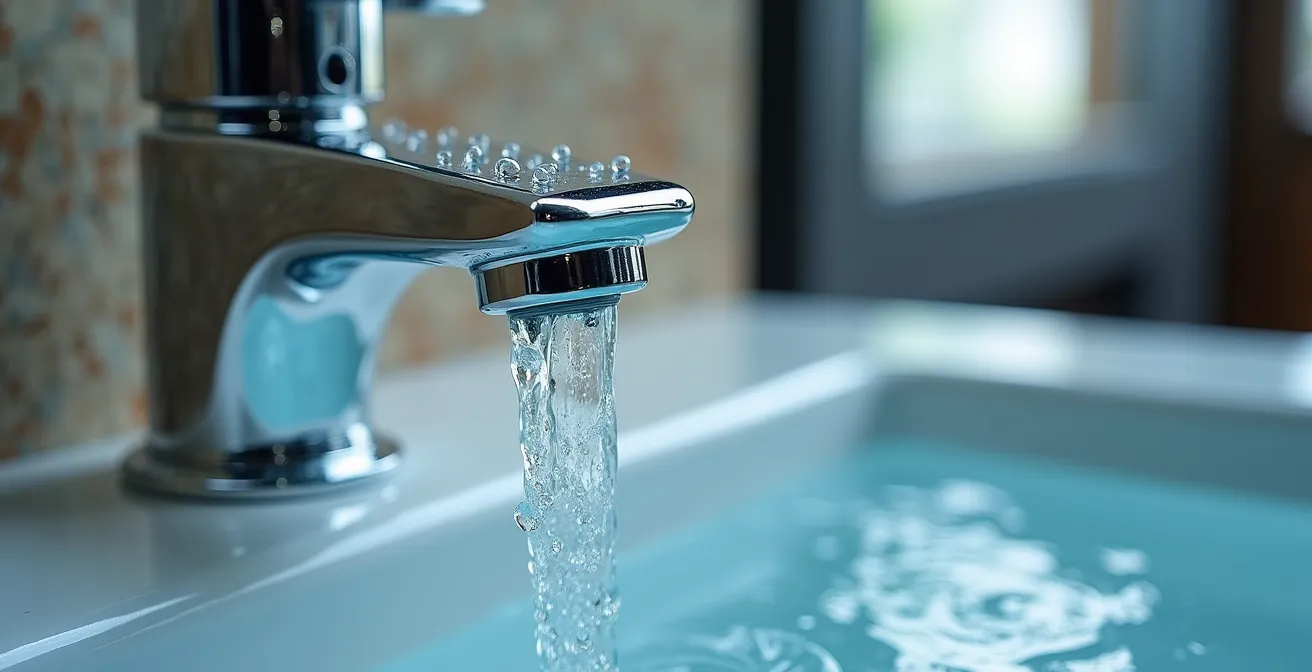 Detalle macro de grifo con aireador y sistema de ahorro de agua en baño de hotel sostenible