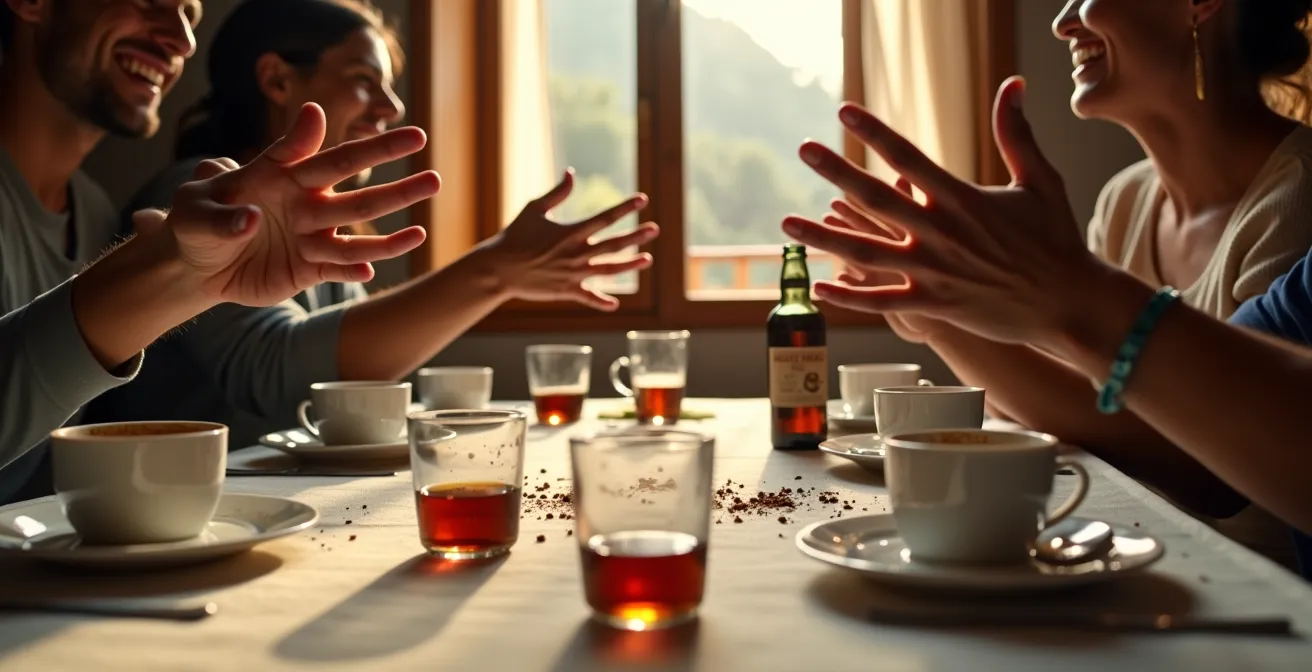 Mesa española después de la comida durante la tradicional sobremesa con café y conversación