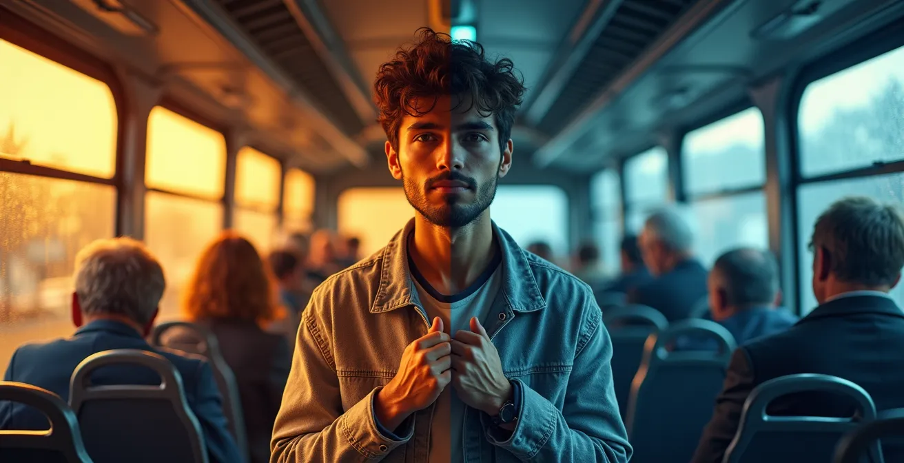 Pasajero con sudadera en autobús climatizado contrastando con el calor exterior visible por la ventana