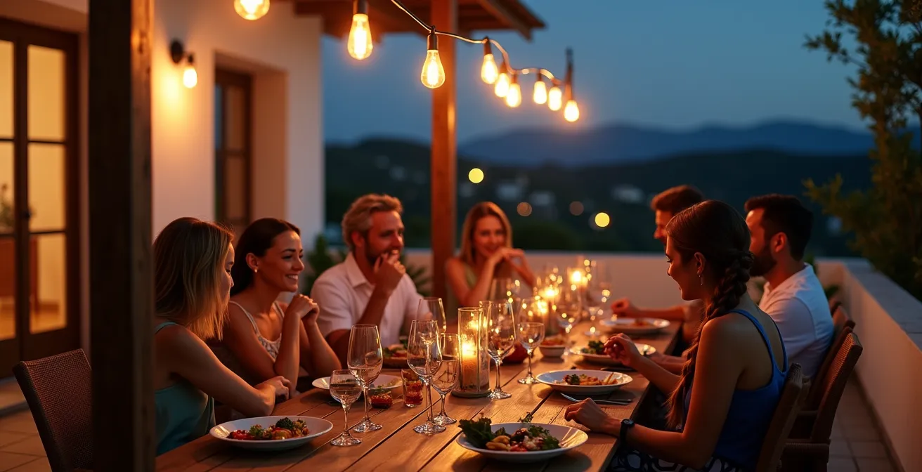Terraza de villa española al atardecer con grupo disfrutando de cena tranquila bajo pérgola