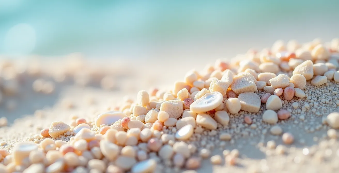 Detalle macro de arena blanca coralina con fragmentos de coral y conchas bajo luz natural