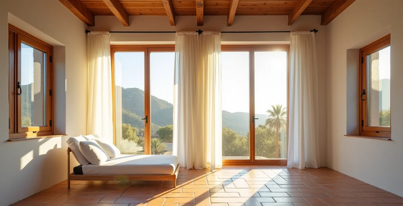 Interior de cabaña mostrando ventilación cruzada con ventanas estratégicas y mosquiteras integradas