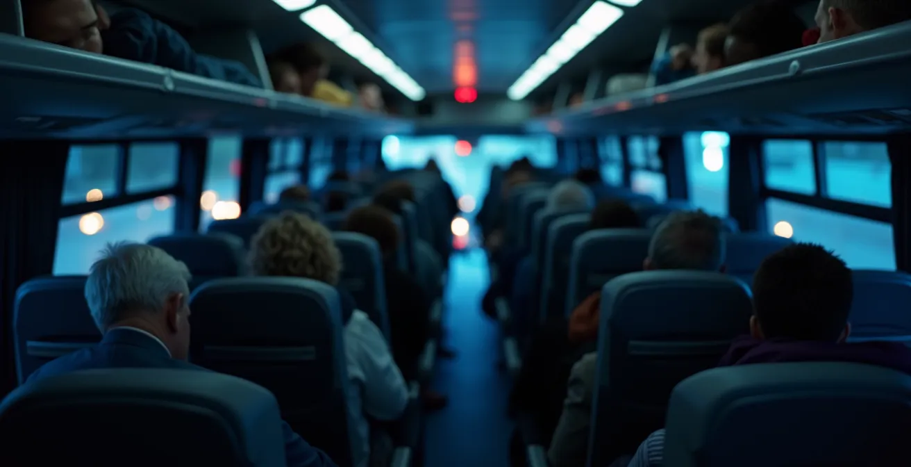 Interior nocturno de autobús con luces tenues y pasajeros descansando de manera segura