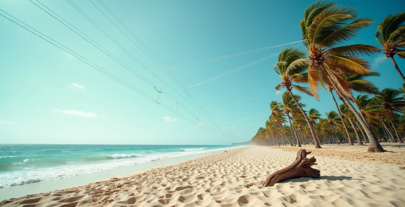 Vista aérea de Kite Beach Cabarete con vientos alisios y múltiples kiters navegando